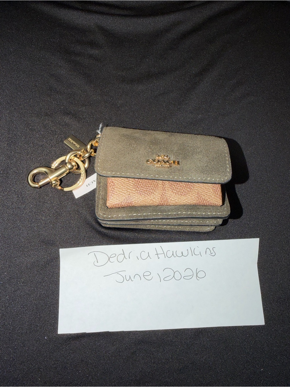 Coach Olive Green and Brown Card Case Keychain with Gold Hardware